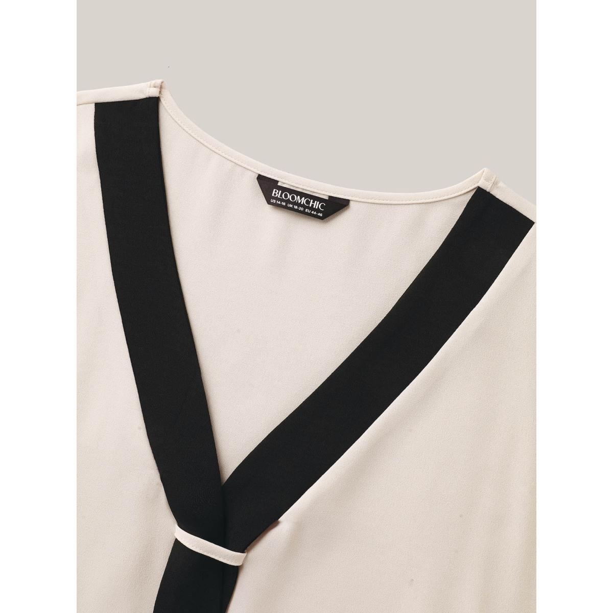 Plus Size Beige Collar Tie Color Contrast Blouse Women Short sleeve Ribbon-tied collar Work Blouses BloomChic 18-20/2X Product Image