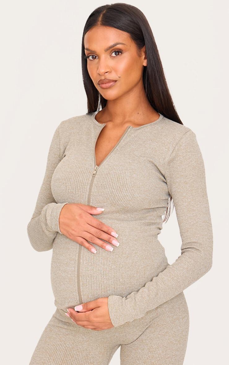 Maternity Olive Ribbed Zip Up Cardigan Product Image