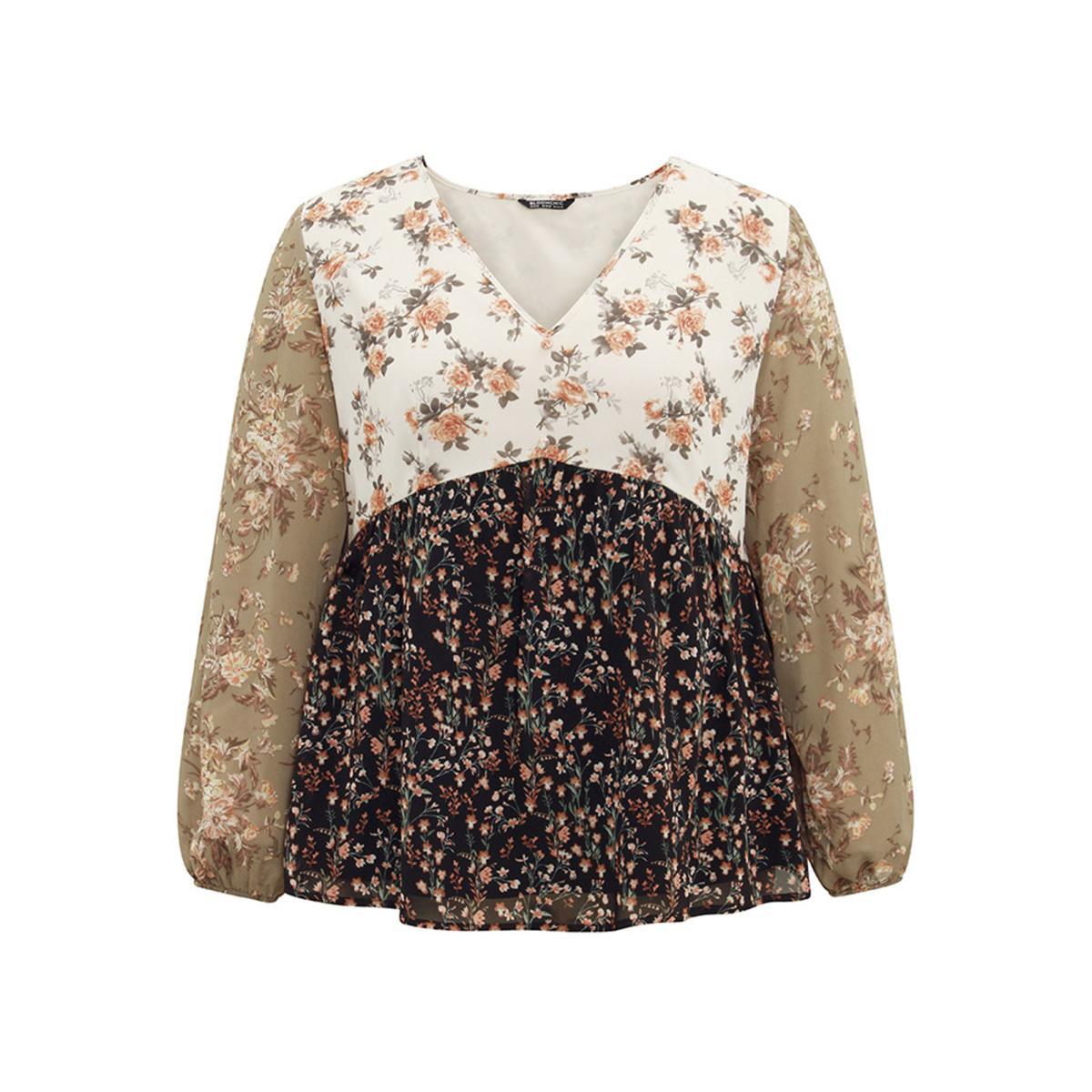 Plus Size Beige Chiffon Contrast Ditsy Floral Patchwork Blouse Women Vacation Long Sleeve V-neck Vacation Blouses BloomChic 22-24/3X Product Image