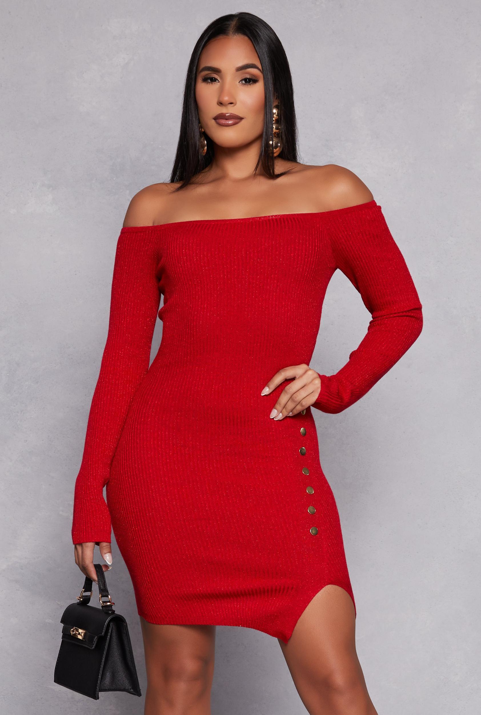 Womens Faux Button Detail Off the Shoulder Dress Product Image