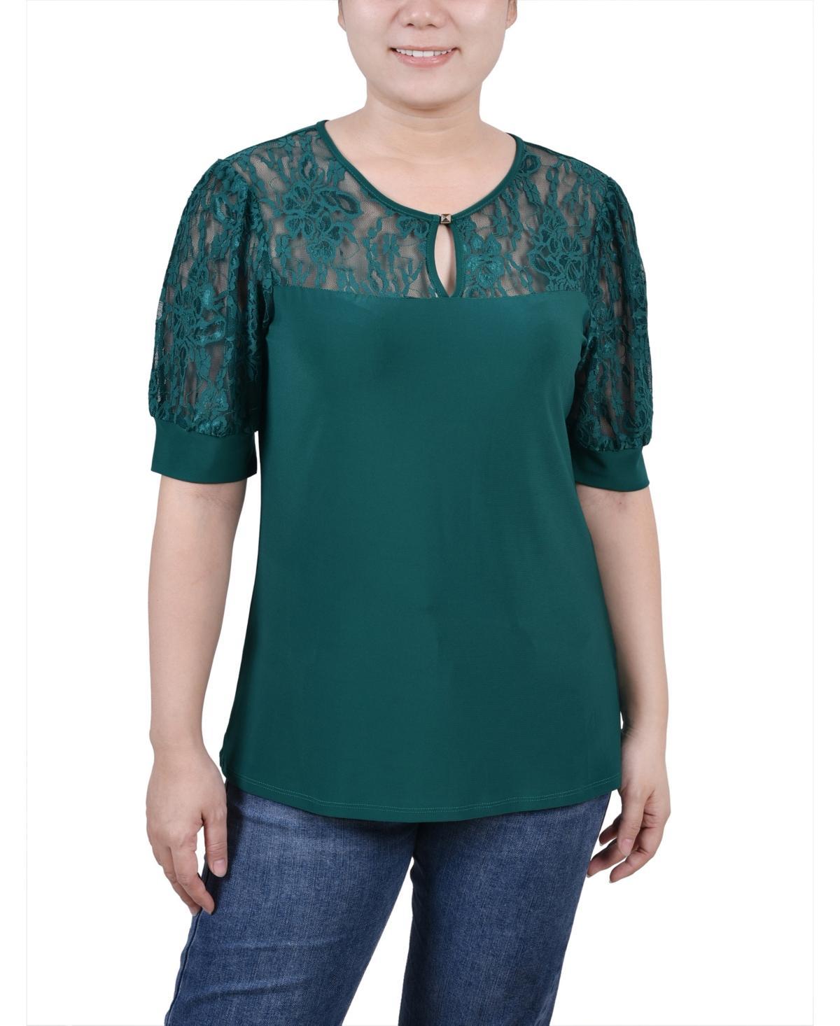 Womens Short Puff Sleeve Top with Lace Sleeves and Yoke Product Image
