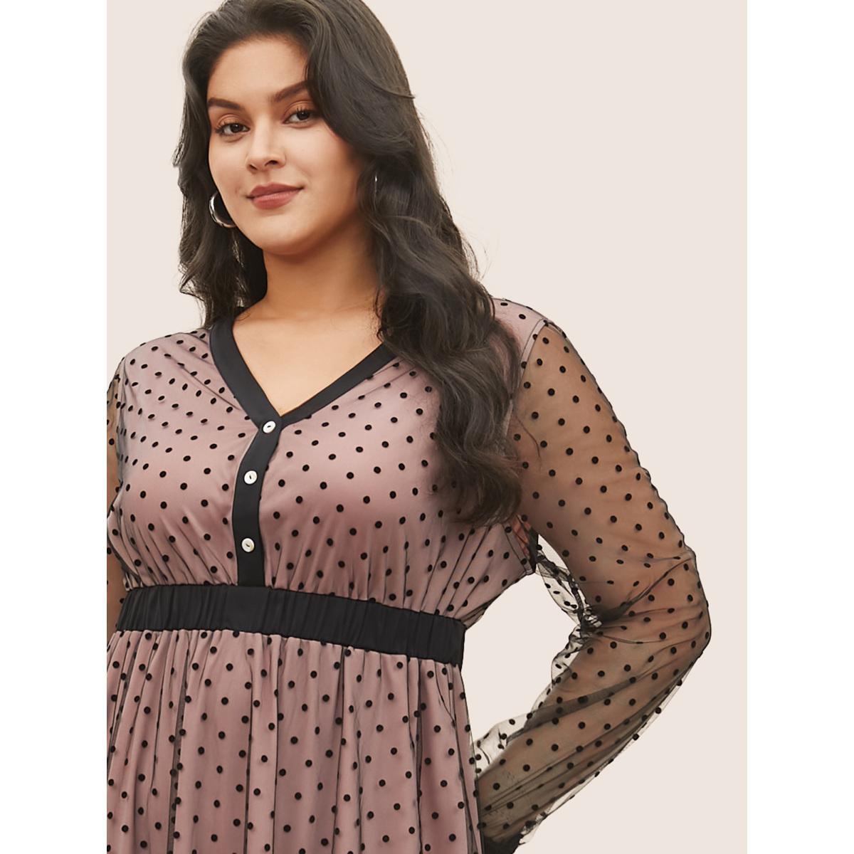 Plus Size Flocking Polka Dot Tiered Mesh Dress DustyPink Women At the Office Non V-neck Long Sleeve Curvy Midi Dress BloomChic 14-16/1X Product Image