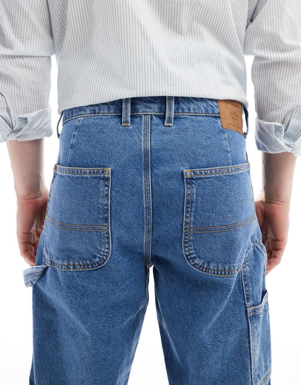 Jack & Jones Eddie loose carpenter jeans in mid wash blue Product Image