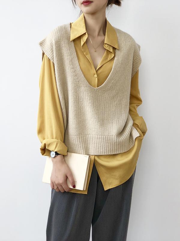 Knitting Irregularity Solid V-Neck Vest Product Image