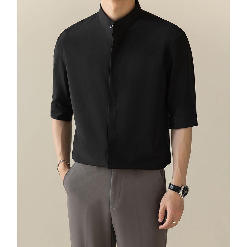 Elbow-Sleeve Plain Shirt / High Waist Cropped Tapered Pants / Set Product Image
