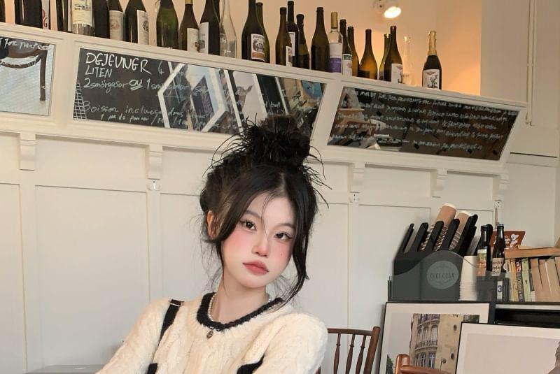 Crew Neck Two Tone Cable Knit Cardigan Product Image