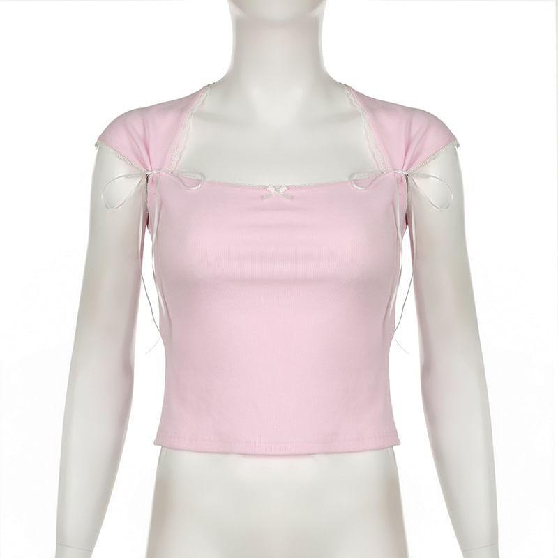 Cap-Sleeve Queen Anne Neckline Lace Trim Crop Top Product Image