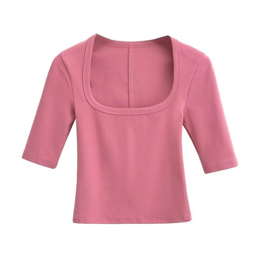 Elbow-Sleeve Square Neck Plain Crop Slim Fit Tee Product Image