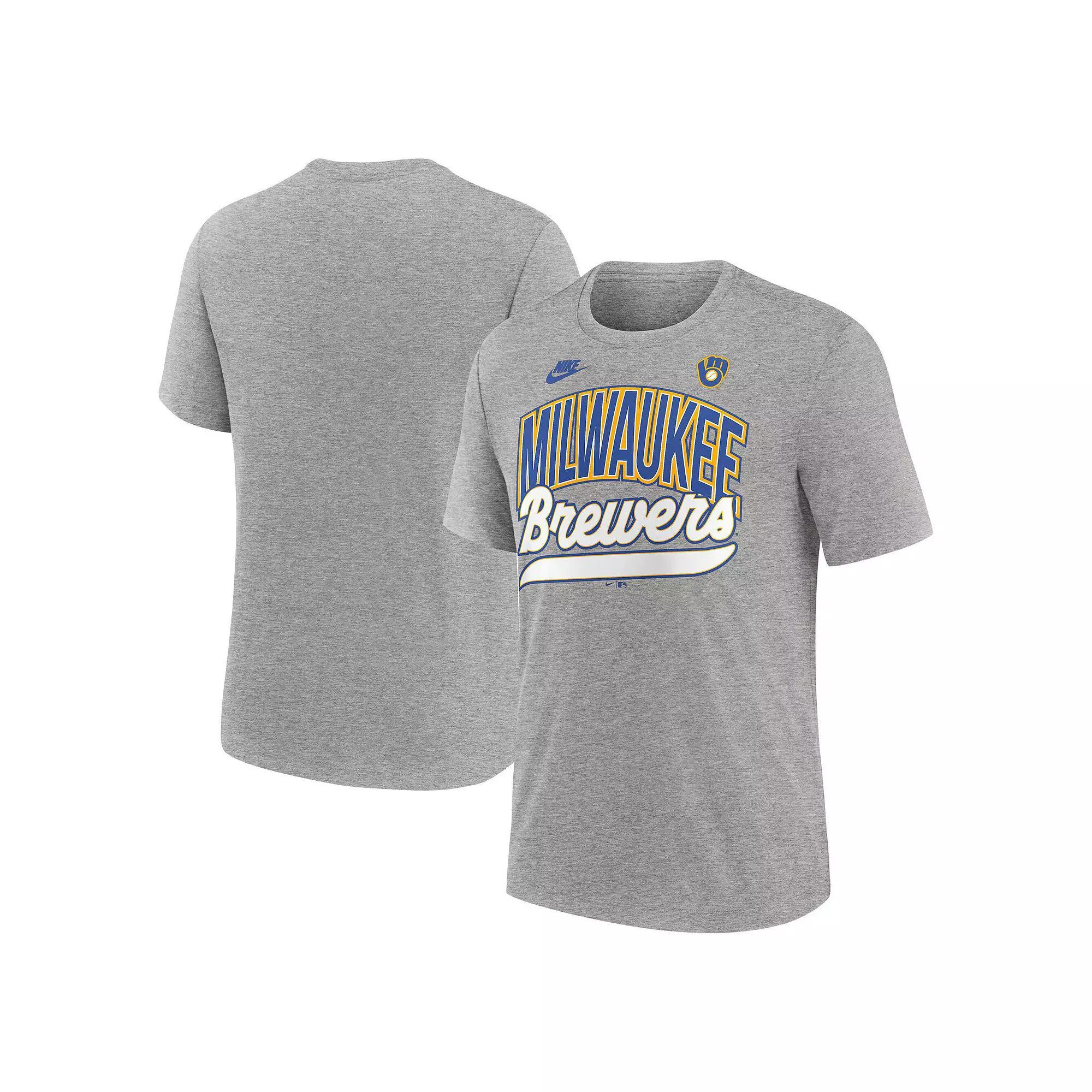 Men's Nike Heather Gray Milwaukee Brewers Cooperstown Collection Retro Tri-Blend T-Shirt, Size: Small, Grey Product Image