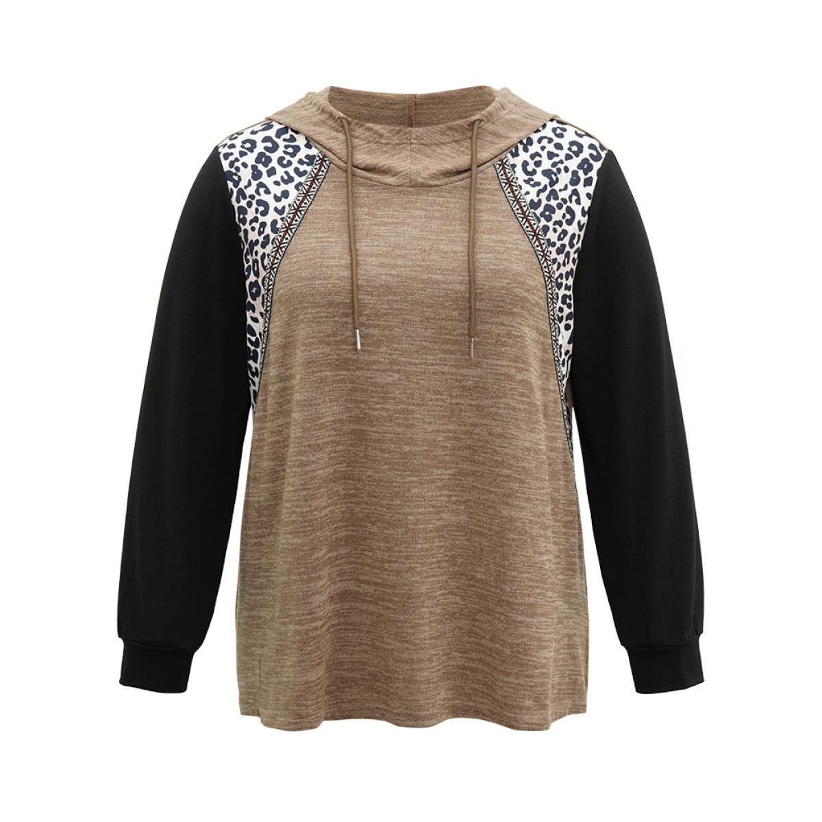 Plus Size Leopard Patchwork Contrast Hooded Sweatshirt Women LightBrown Casual Contrast Hooded Dailywear Sweatshirts BloomChic 12/L Product Image