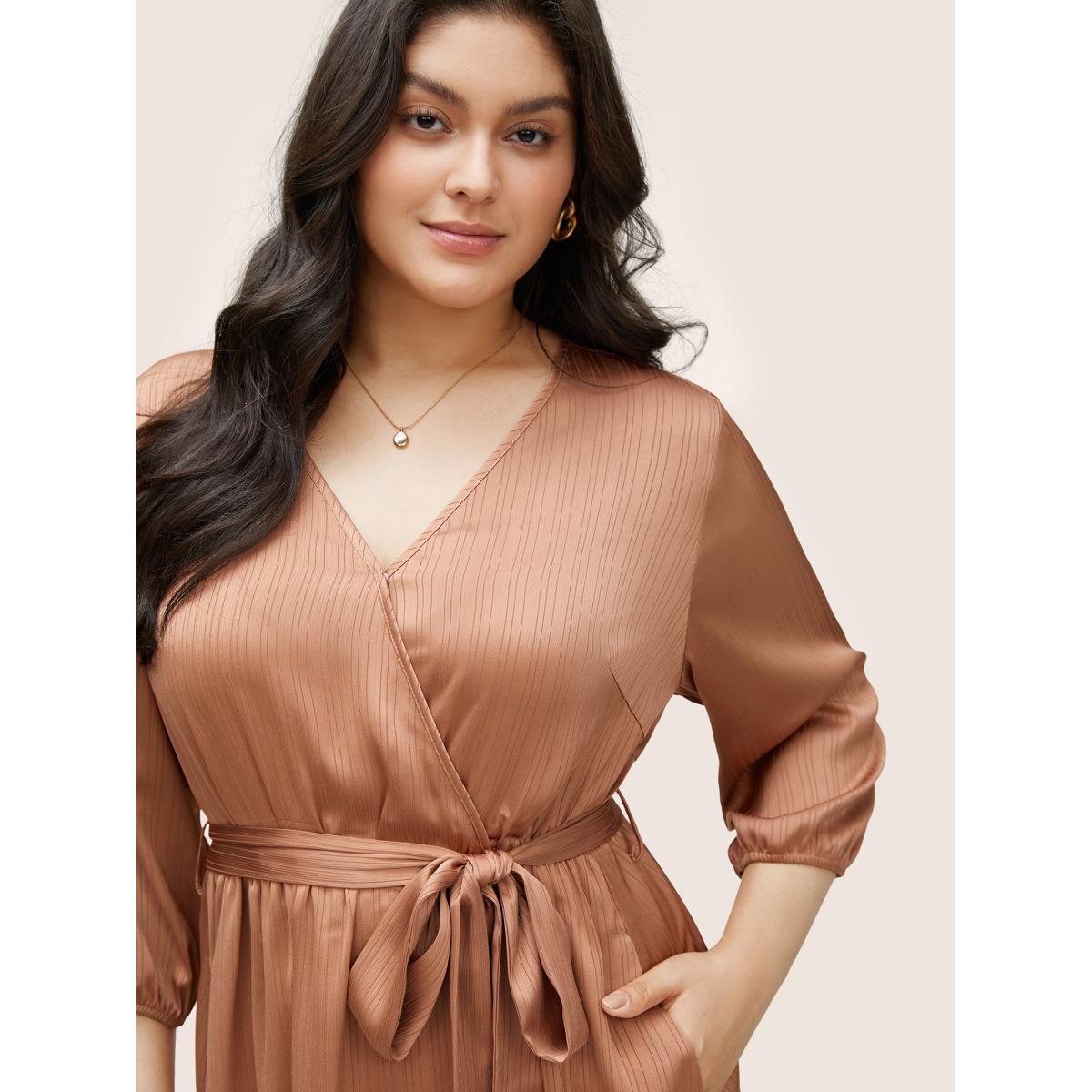 Plus Size Textured Split Side Belted Overlap Collar Dress Rust Women At the Office Non Overlap Collar Elbow-length sleeve Curvy Midi Dress BloomChic 28/5X Product Image