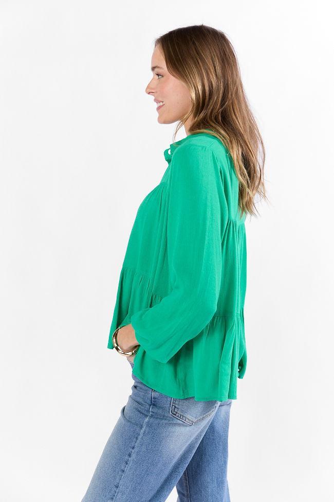 Something Good Green Tiered Relaxed Button Down Blouse SALE Product Image