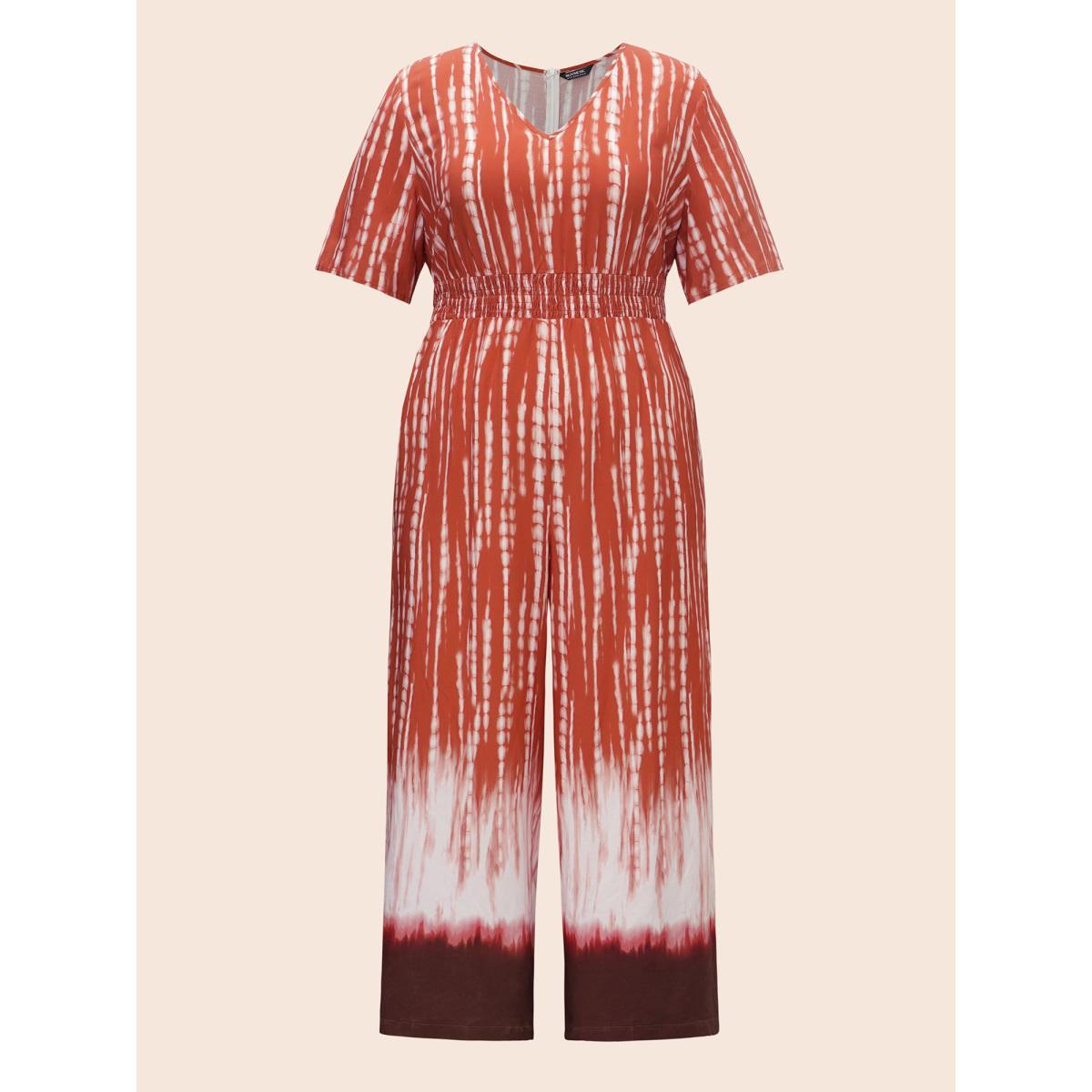 Plus Size Multicolor V Neck Gradient Dyeing Shirred Jumpsuit Women At the Office Half Sleeve V-neck Work Loose Jumpsuits BloomChic 14-16/1X Product Image