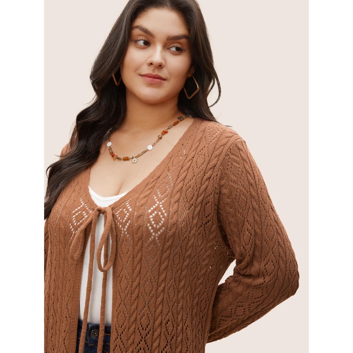 Plus Size Plain Ties Arc Hem Hollow Out Cardigan Chocolate Women Elegant Long Sleeve Everyday Cardigans BloomChic 14-16/1X Product Image