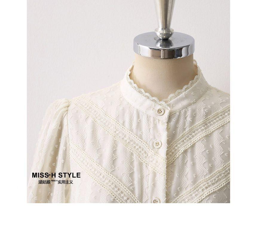 Long-Sleeve Plain Lace Trim Blouse Product Image
