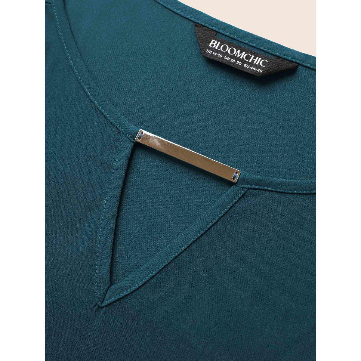 Plus Size Cyan Anti-Wrinkle Plain Metal Detail Keyhole Neck Blouse Women Office Short sleeve V-neck Work Blouses BloomChic 18-20/2X Product Image
