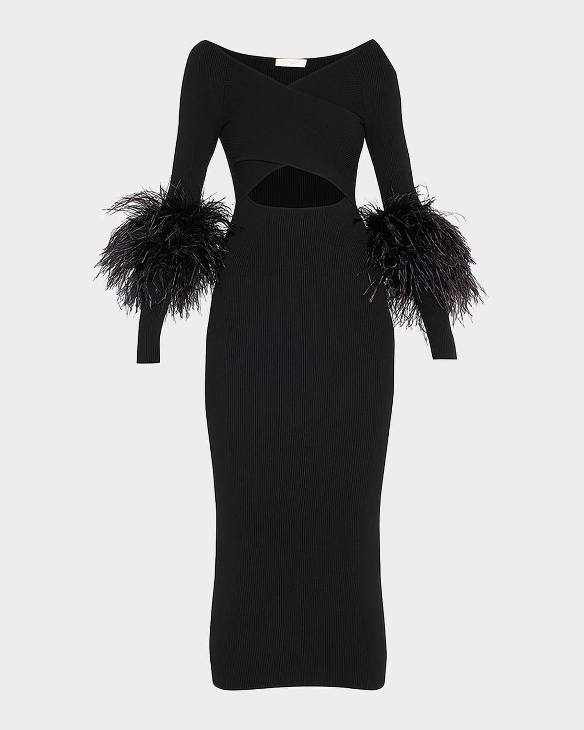 Criss-Cross Cutout Midi Dress w/ Feather Trim Product Image