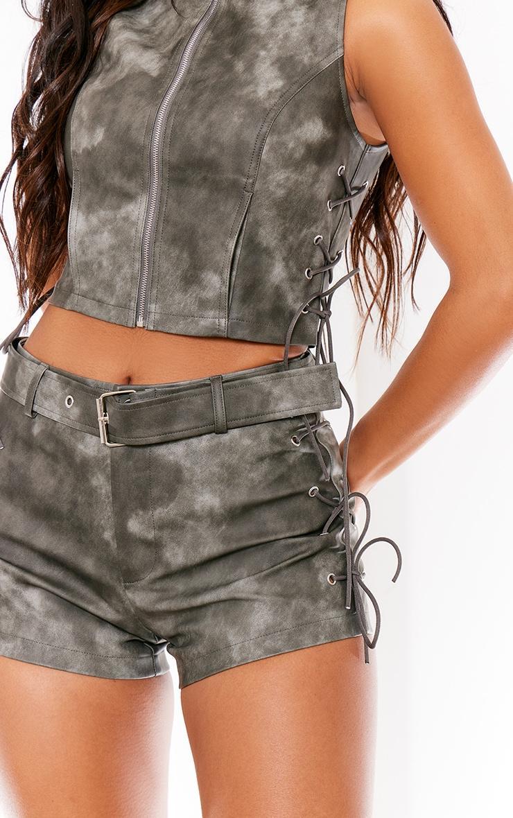 Charcoal Washed Faux Leather Belt Detail Low Rise Hot Pants Product Image