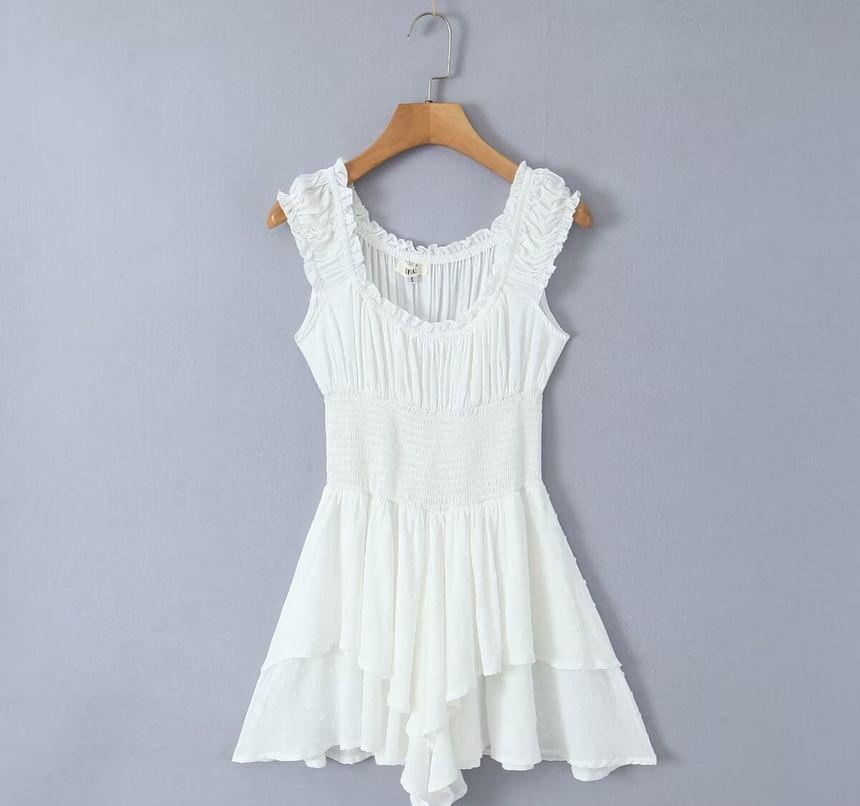 Sleeveless Square Neck Plain Jacquard Frill Trim Smocked Layered Wide Leg Romper Product Image