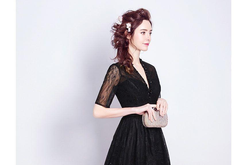 Short-Sleeve Lace A-Line Evening Gown Product Image