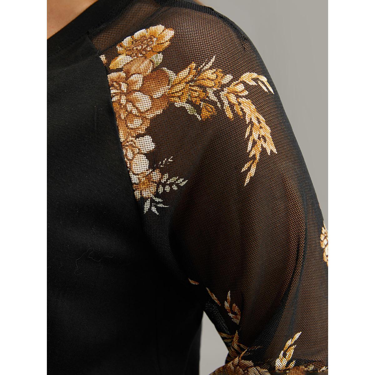 Plus Size Floral Print Patchwork Mesh T-shirt Black Women Casual See through Floral V-neck Dailywear T-shirts BloomChic 12/L Product Image