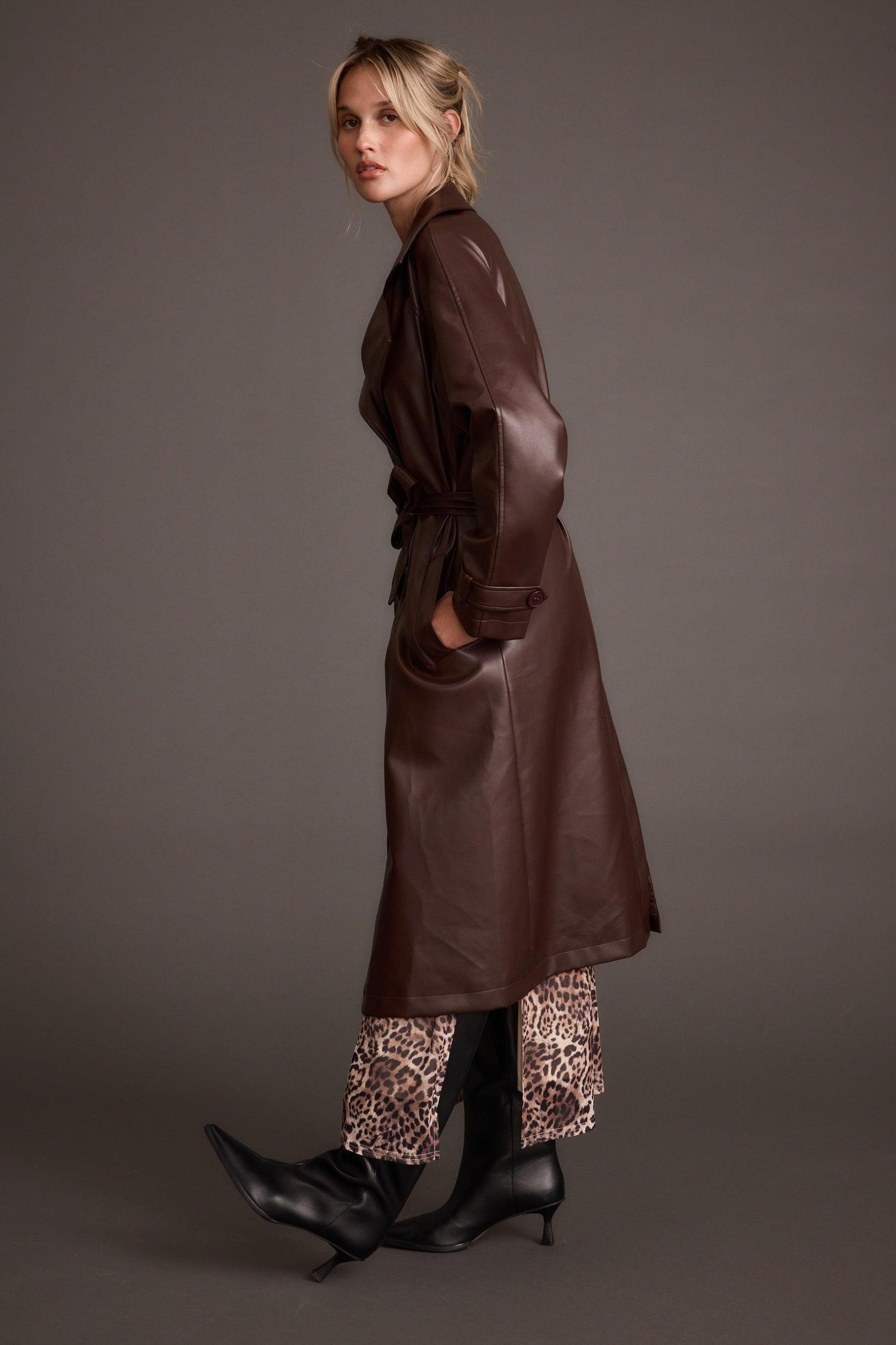Brynne Faux Leather Mahogany Brown Trench Product Image