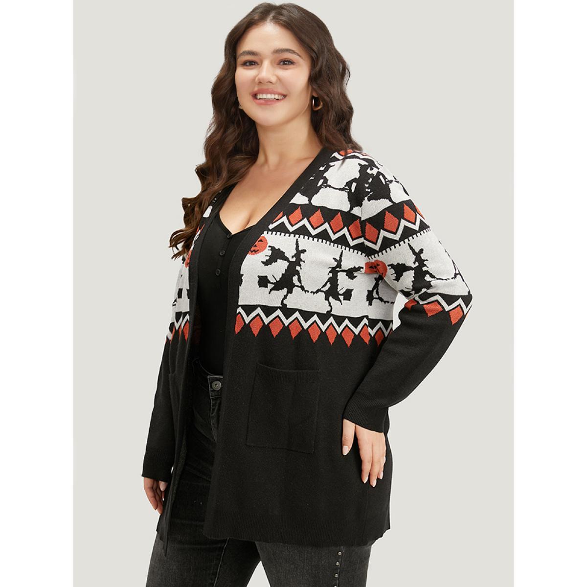 Plus Size Halloween Geo & Witch Print Open Front Cardigan Black Women Casual Loose Long Sleeve Festival-Halloween Cardigans BloomChic 12/L Product Image