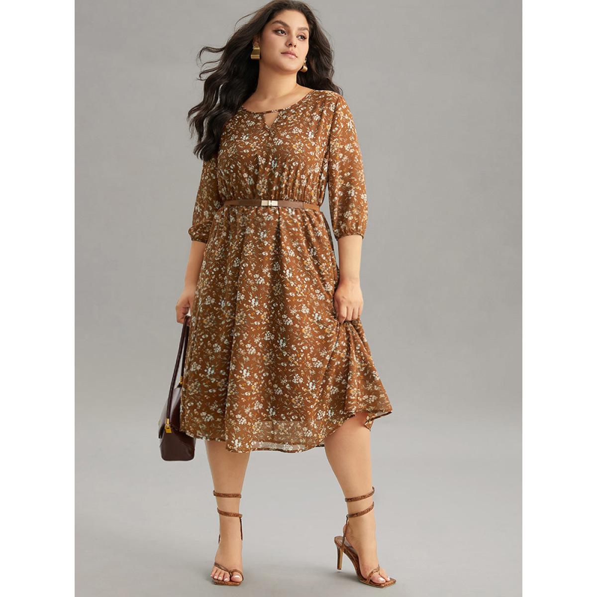 Plus Size Ditsy Floral Cut Out Elastic Cuffs Dress Rust Women Elegant Elastic cuffs Keyhole Cut-Out Elbow-length sleeve Curvy Midi Dress BloomChic 14-16/1X Product Image