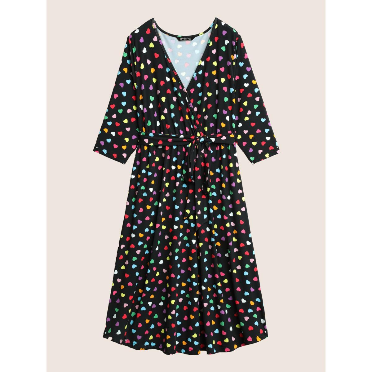 Plus Size Colored Heart Print Belted Overlap Collar Dress Black Women Casual Belted Overlap Collar Elbow-length sleeve Curvy Midi Dress BloomChic 12/L Product Image