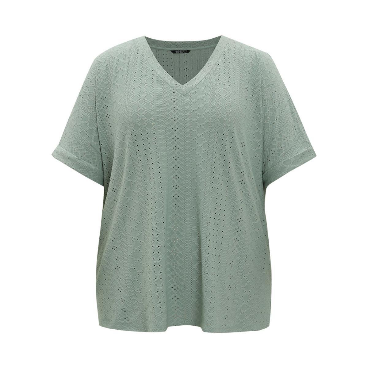 Plus Size Plain Roll Sleeve Broderie Anglaise T-shirt Sage Women Casual Broderie anglaise Plain V-neck Dailywear T-shirts BloomChic 12/L Product Image