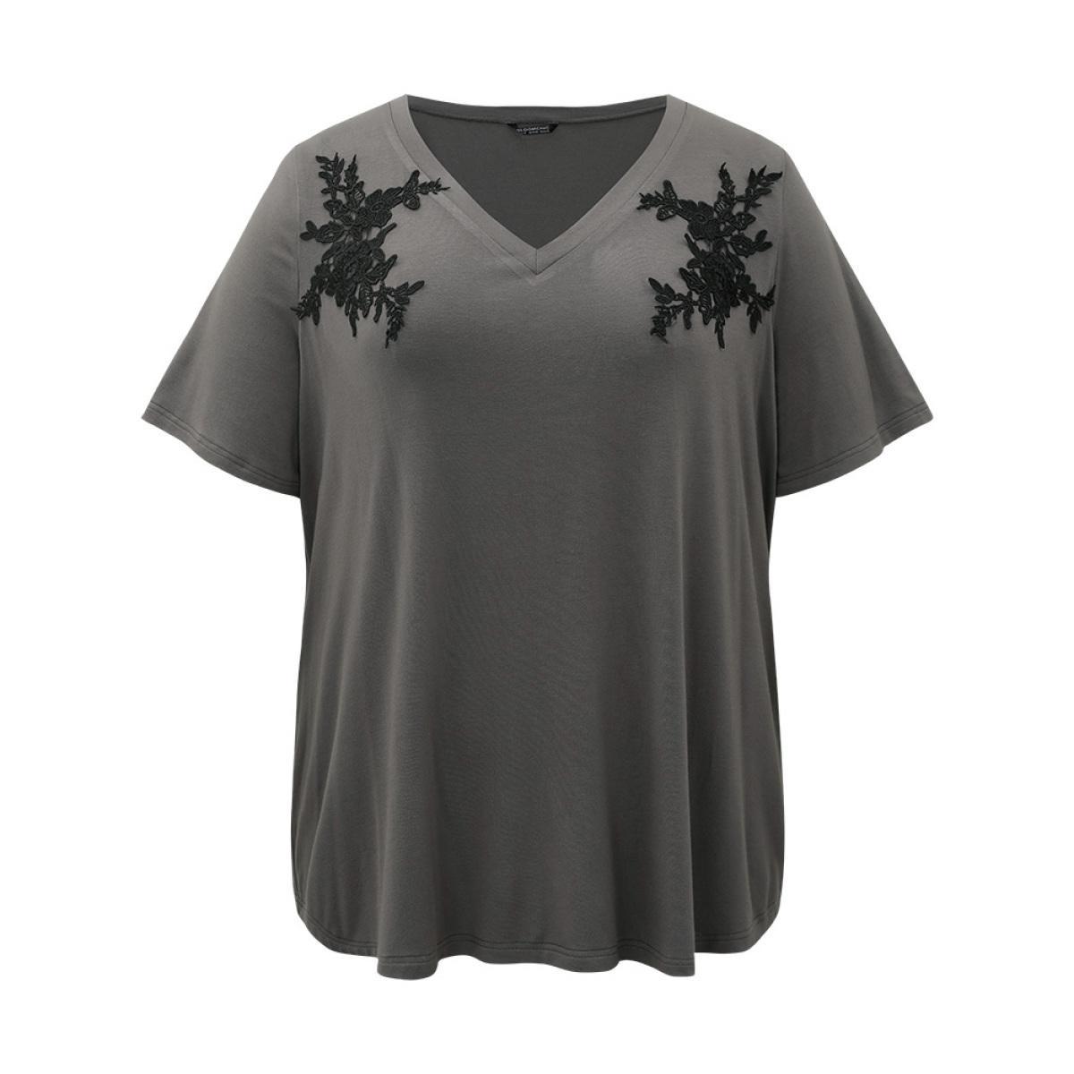 Plus Size Supersoft Essentials Floral V Neck Short Sleeve T-shirt DimGray Women Elegant Embroidered Silhouette Floral Print V-neck Dailywear T-shirts BloomChic 12/L Product Image