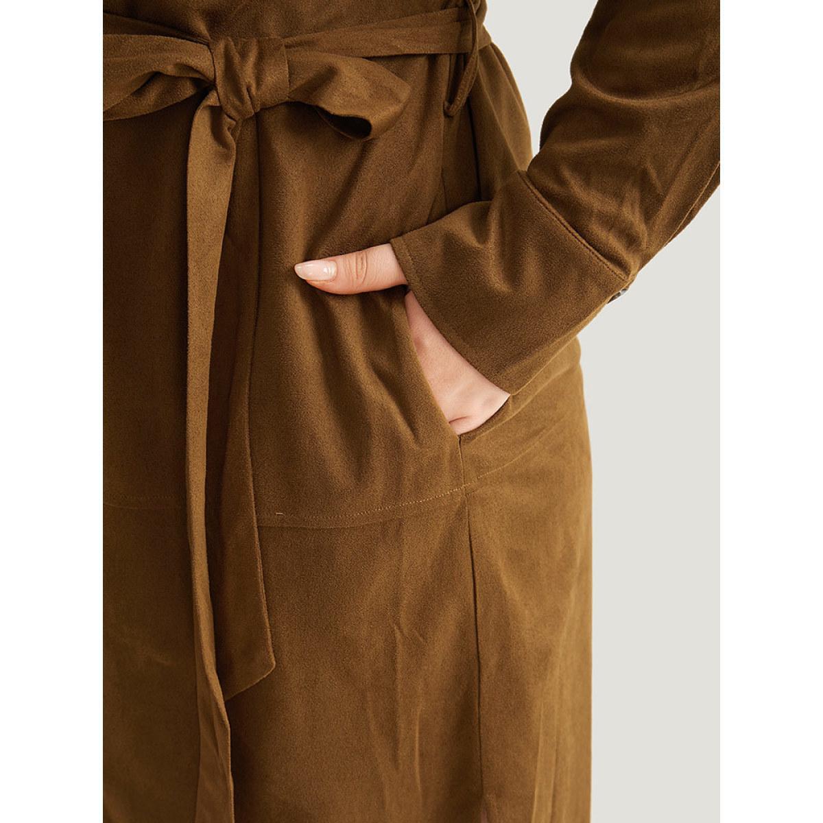 Plus Size Plain Split Hem Button Through Belted Dress Bronze Women Office Plain Shirt collar Long Sleeve Curvy Knee Dress BloomChic 18-20/2X Product Image