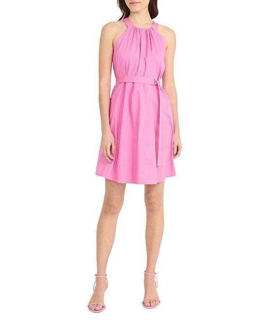 Donna Morgan Stretch Poplin Halter Neck Sleeveless Belted A-Line Mini Dress Product Image
