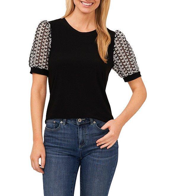 CeCe Mixed Media Crew Neck Short Puff Sleeve Tee Product Image