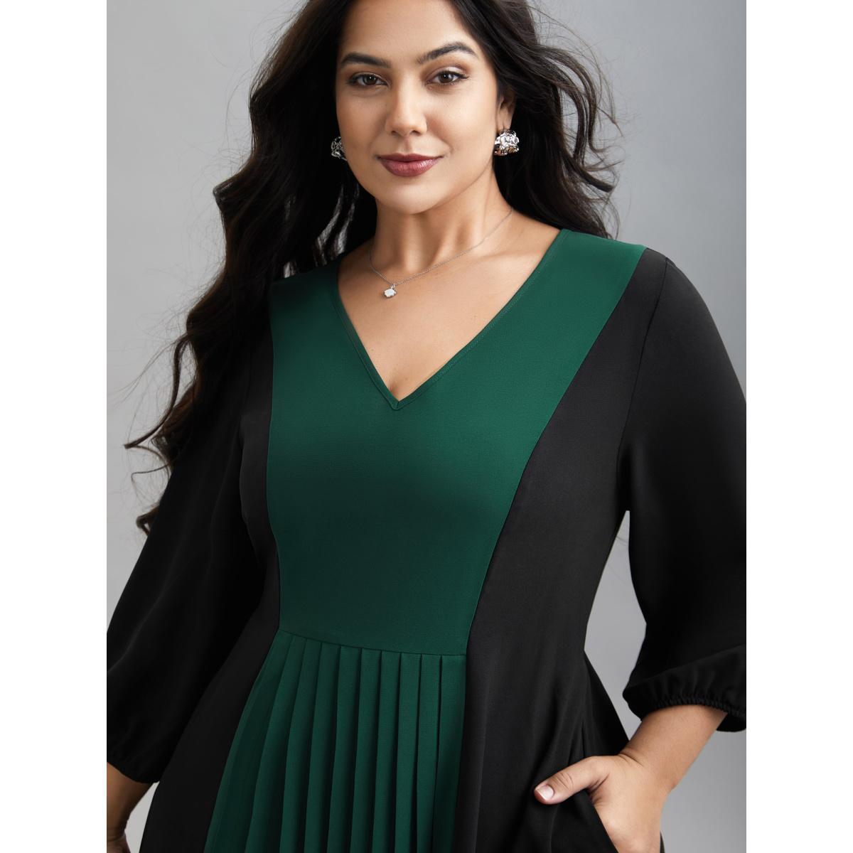 Plus Size Color Block V-Neck Pleated Midi Dress DarkGreen Women At the Office Contrast V-neck Elbow-length sleeve Curvy BloomChic 14-16/1X Product Image
