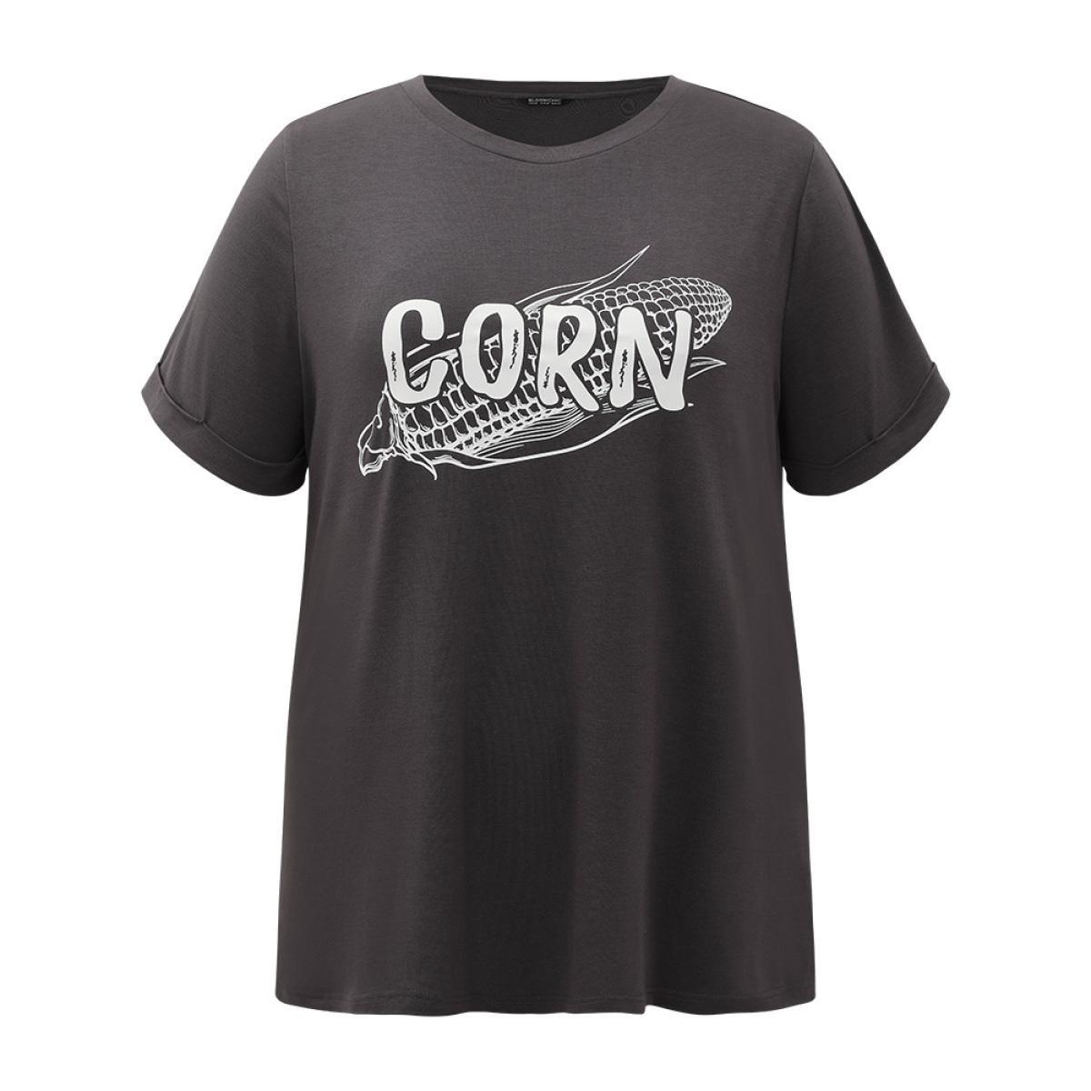 Plus Size Corn Print Round Neck Roll Sleeve T-shirt DimGray Women Casual Printed Western Dailywear T-shirts BloomChic 30/6X Product Image