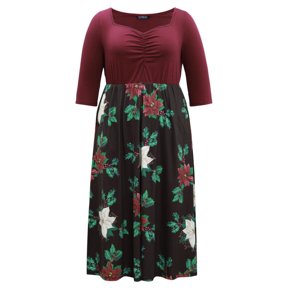 Plus Size Floral Patchwork Elastic Waist Ruched Dress Scarlet Women Office Gathered Square Neck Long Sleeve Curvy Midi Dress BloomChic 18-20/2X Product Image