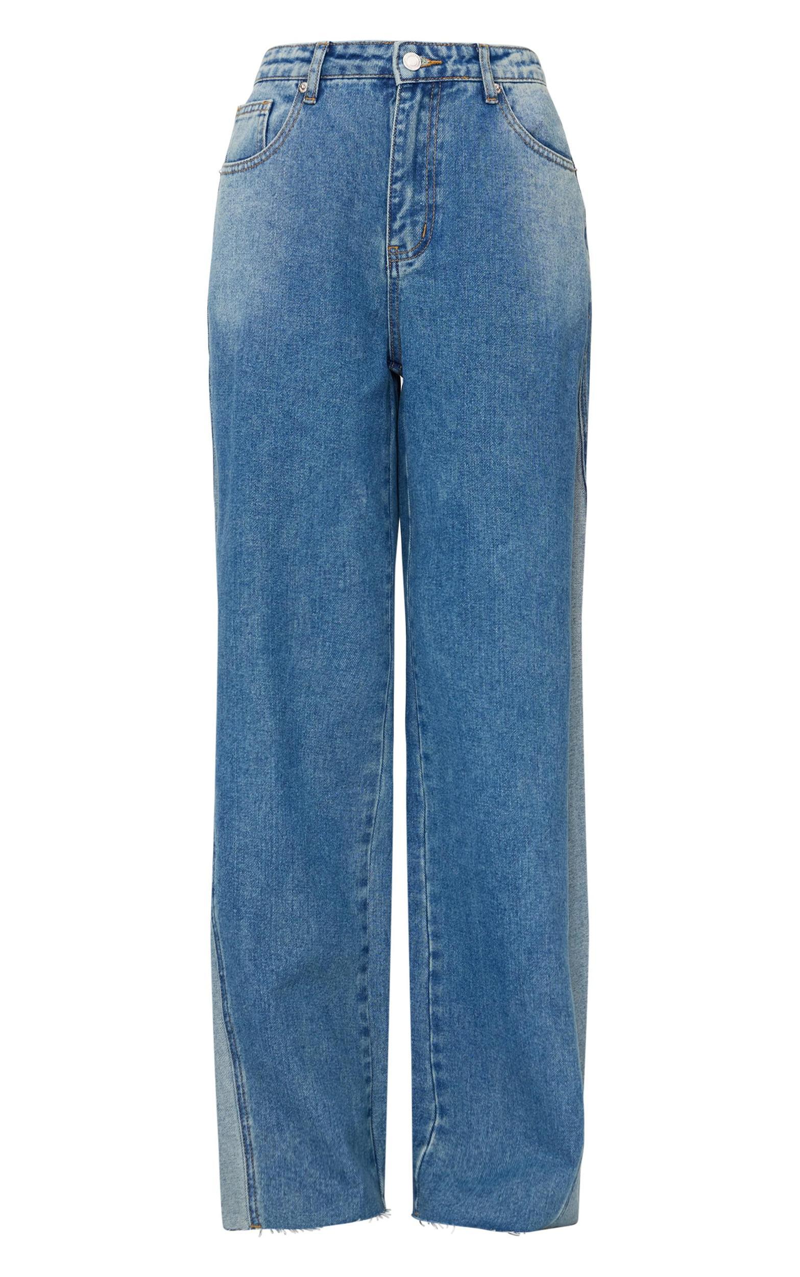Petite Mid Blue Wash Denim Contrast Panel Wide Leg Jeans Product Image