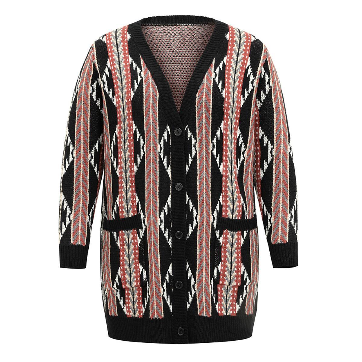 Plus Size Bandana Print Button Down Patched Pocket Tunic Cardigan Multicolor Women Casual Loose Long Sleeve Dailywear Cardigans BloomChic 30/6X Product Image