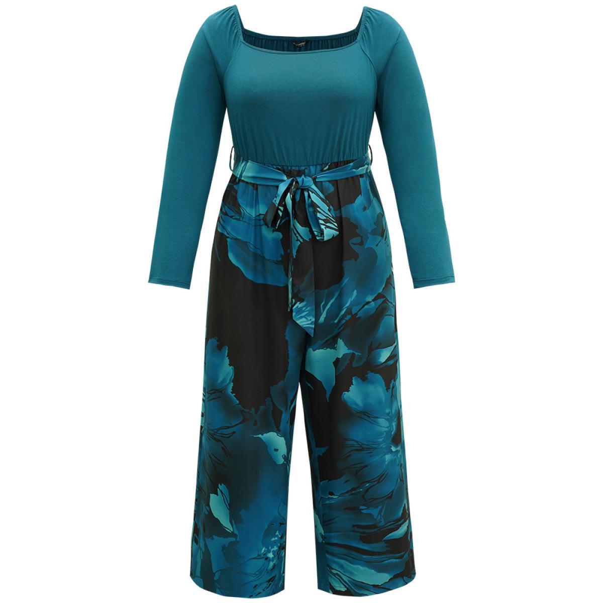 Plus Size Teal Floral Square Neck Gathered Belted Jumpsuit Women Glamour Long Sleeve Square Neck Going out Loose Jumpsuits BloomChic 22-24/3X Product Image