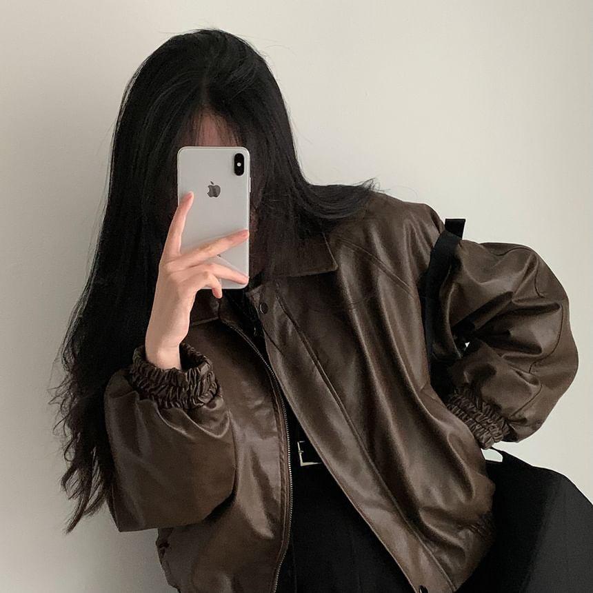 Long Sleeve Lapel Neck Fleece Lined Faux Leather Bomber Jacket Product Image