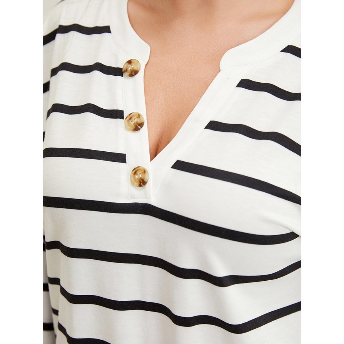 Plus Size Striped Print Button Detail Notched T-shirt White Women Casual Button Striped Notched collar Dailywear T-shirts BloomChic 28/5X Product Image