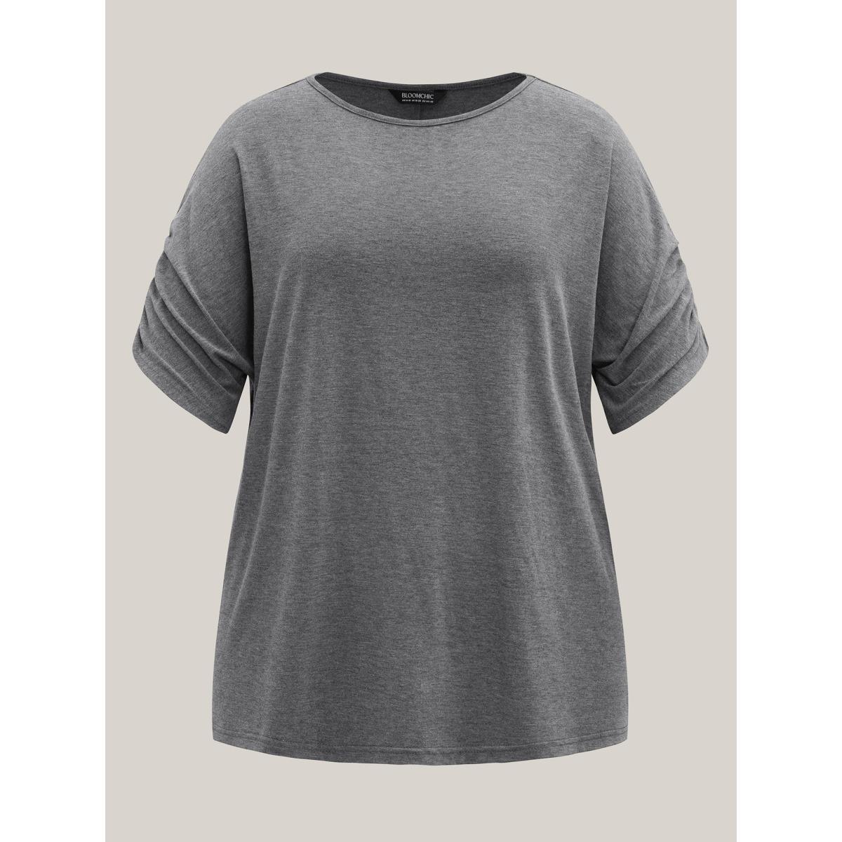 Plus Size Stretchy Solid Color Gathered Sleeve T-Shirt DimGray Women Casual Gathered Round Neck Everyday T-shirts BloomChic 28/5X Product Image