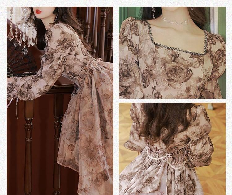 Long-Sleeve Square Neck Floral A-Line Dress Product Image