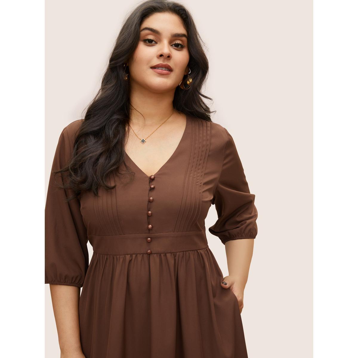 Plus Size Solid Pleated Button Detail Lantern Sleeve Dress DarkBrown Women At the Office Non V-neck Elbow-length sleeve Curvy Midi Dress BloomChic 26/4X Product Image