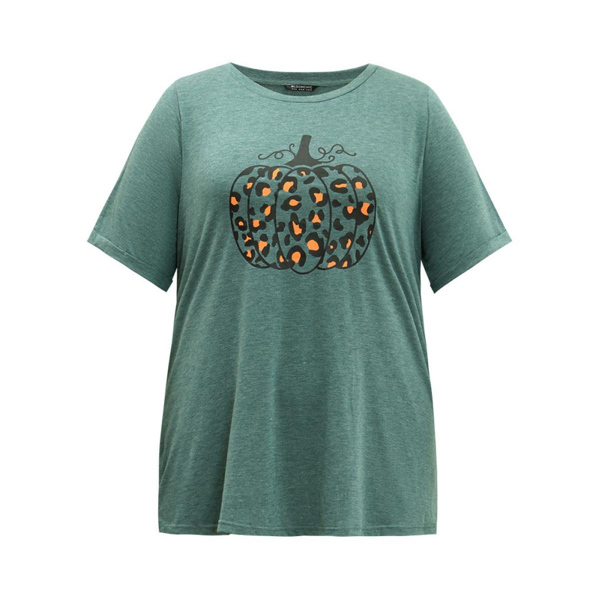Plus Size Halloween Pumpkin Print Crew Neck T-shirt DarkGreen Women Casual Printed Halloween Dailywear T-shirts BloomChic 12/L Product Image