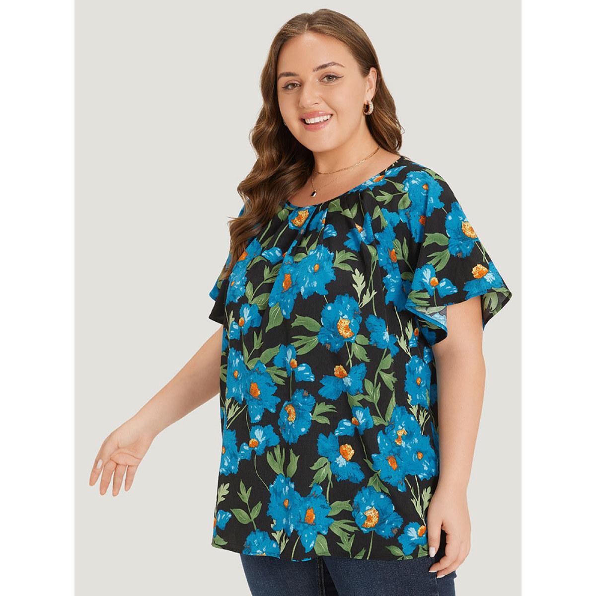 Plus Size Black Floral Print Raglan Sleeve Pleated Flutter Blouse Women Glamour Short sleeve Round Neck Going out Blouses BloomChic 14-16/1X Product Image