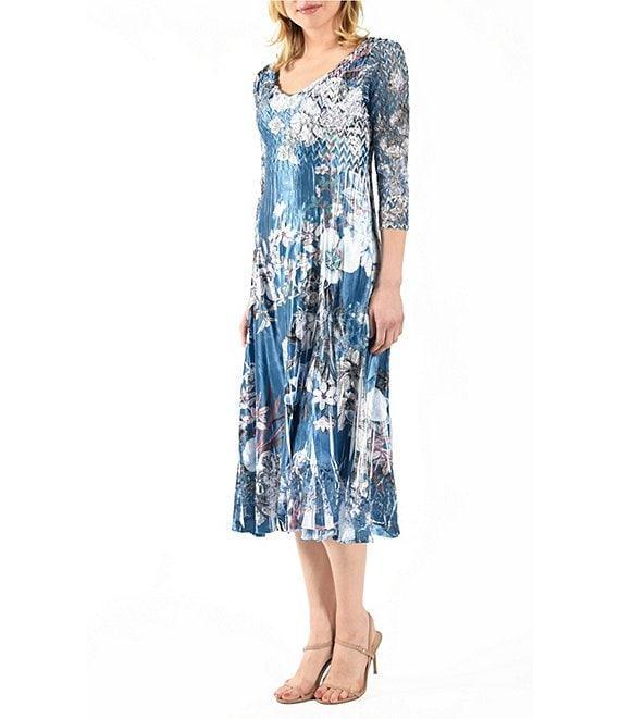 Komarov Charmeuse Floral Print Lace V-Neck 3/4 Sleeve Pleated Fit and Flare Dress Product Image