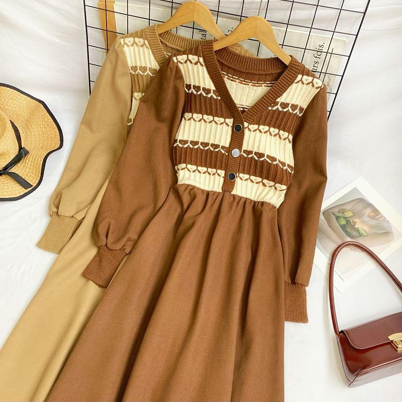 Long-Sleeve V-Neck Striped Panel Midi A-Line Dress Product Image