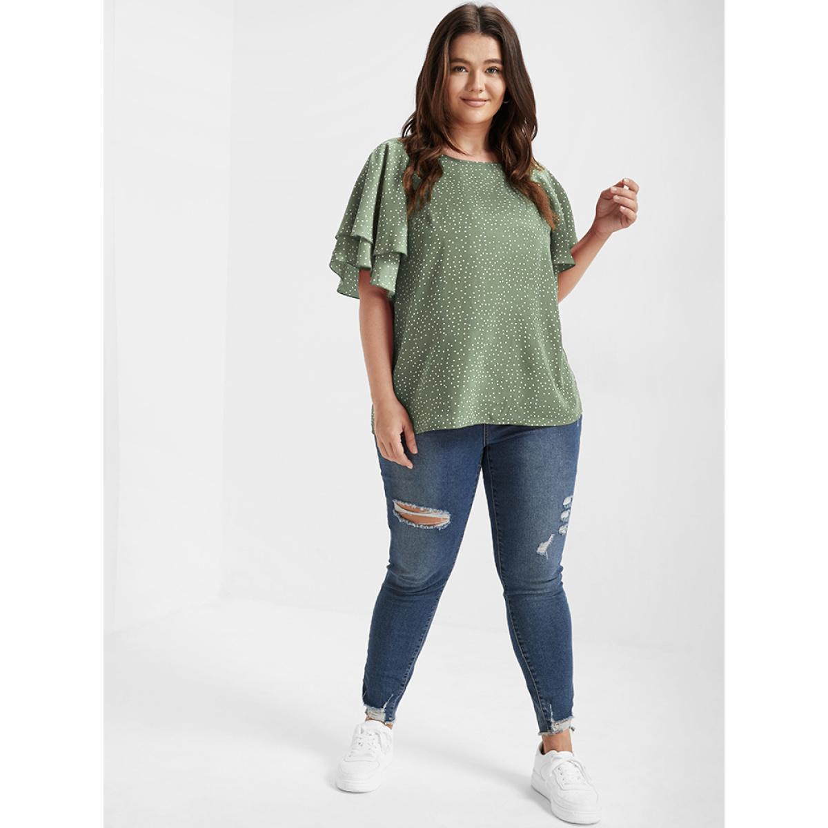 Plus Size LightGreen Polka Dot Ruffle Tiered Sleeve Blouse Women Elegant Short sleeve Round Neck Dailywear Blouses BloomChic 26/4X Product Image